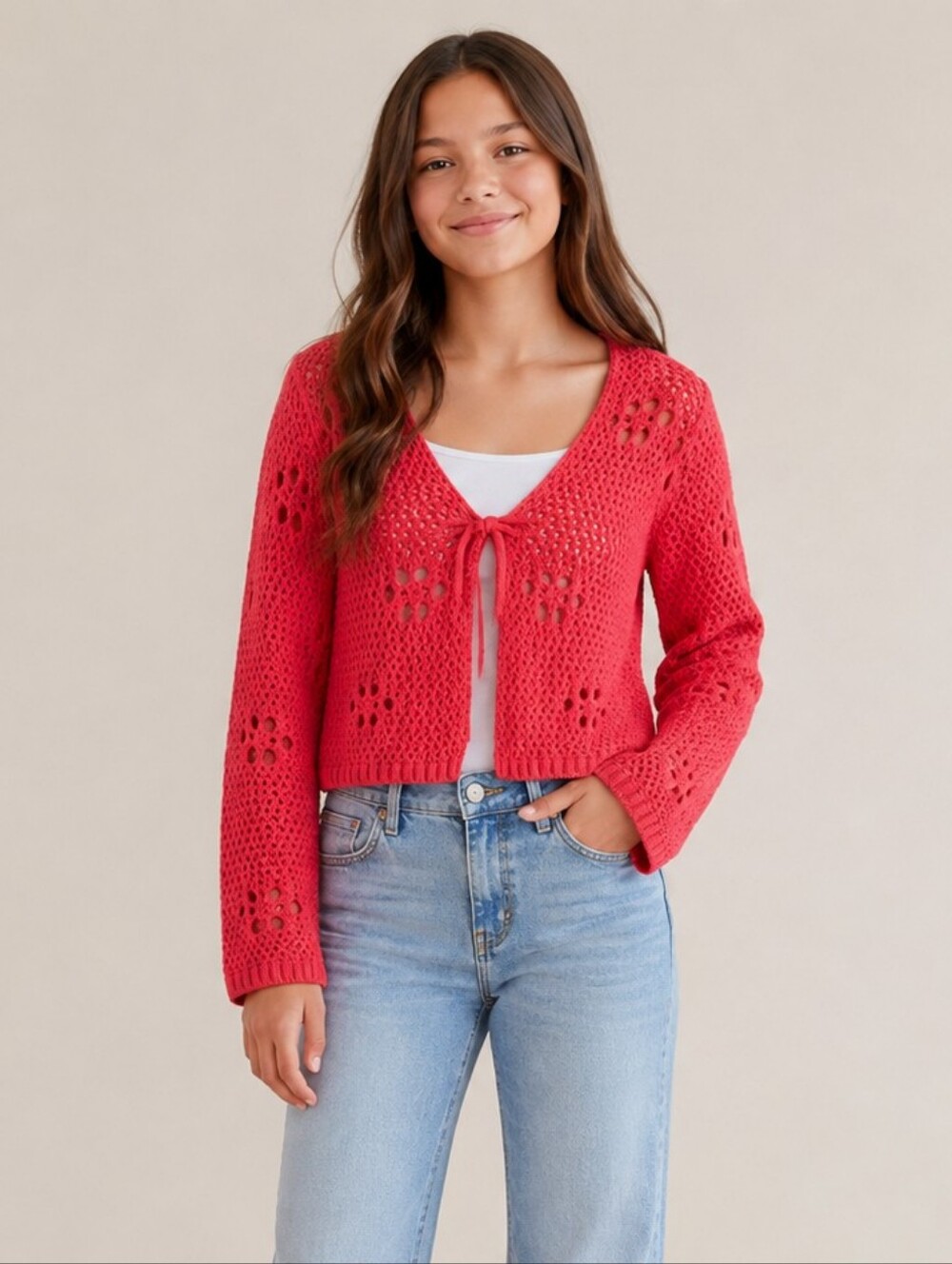 Stitch & Pine Girls Coral Crochet Knit Tie Front Cropped Cardigan L 14 NWT